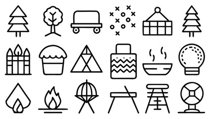 Collection of outdoor camping and adventure icons in a simple line art silhouette