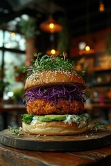 Gourmet burger on wooden board