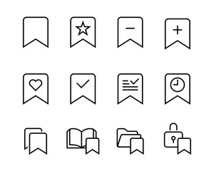 Set of modern bookmark icons in minimal outline style. Includes symbols with star, heart, plus, minus, checklist, clock, book, folder, and lock. Perfect for apps, websites, UI, and digital design
