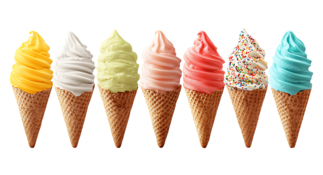 Seven ice cream cones with different colors and flavors isolated on a transparent background - Powered by Adobe