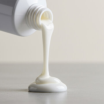 White liquid pouring from a bottle in a smooth stream