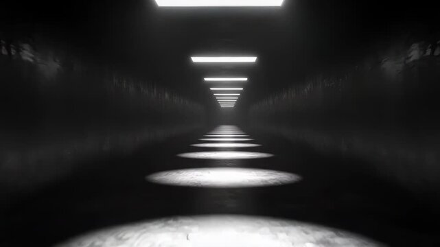 Mysterious dark tunnel illuminated by sequential lights, creating an immersive and captivating