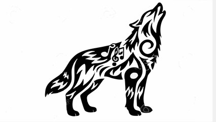 Stylized black and white howling wolf with musical notes and tribal patterns on a white background silhouette