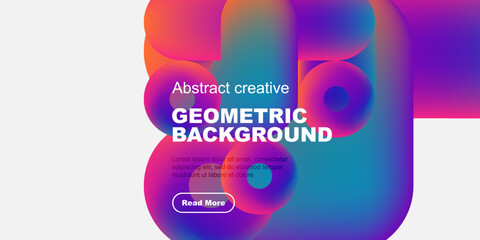 Vibrant abstract shapes overlap, creating colorful geometric background. Text promotes further exploration. Minimalist design, modern aesthetic.