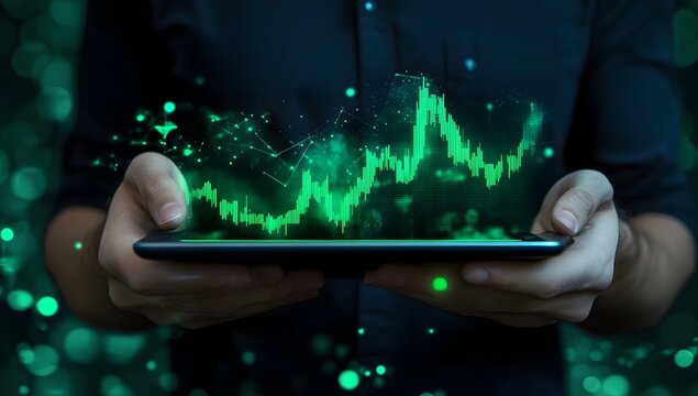 "Modern trader analyzes glowing green holographic stock chart on iPad in sleek dark environment, representing futuristic market monitoring."

