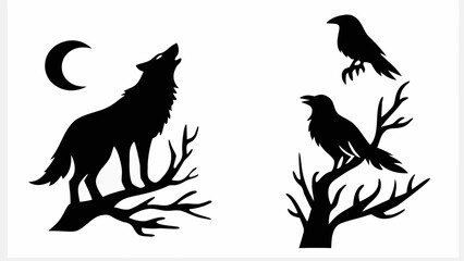 Obraz premium Silhouette of howling wolf under crescent moon and two ravens perched on branches at night scene drawing