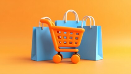 Fototapeta premium 3D render of a stylized orange shopping cart icon in front of blue shopping bags. Clean minimal design with soft shadows and vibrant colors on orange background. Represents online shopping, e-commerce