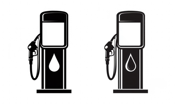 Two black gas pumps, side-by-side, with white displays and oil drop emblems