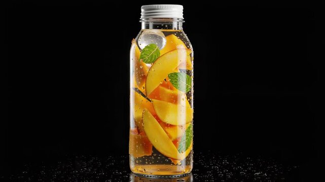 Refreshing mango infused water bottles with mint leaves set against a dark backdrop creating