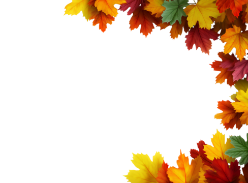 A border of colorful autumn leaves falling in the bottom right corner isolated on a transparent background