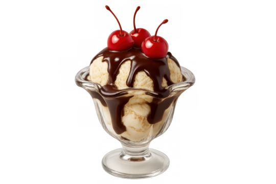 Vanilla ice cream sundae drizzling chocolate sauce, garnished with ripe cherries, sitting against transparent backdrop