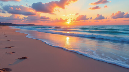 Sunset serenity beach walk tropical coast nature photography peaceful atmosphere wide angle tranquil escape