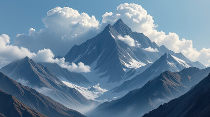 Majestic mountain peaks surrounded by clouds nature landscape photography alpine environment wide angle view