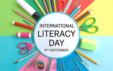 International Literacy Day celebration with school supplies education learning