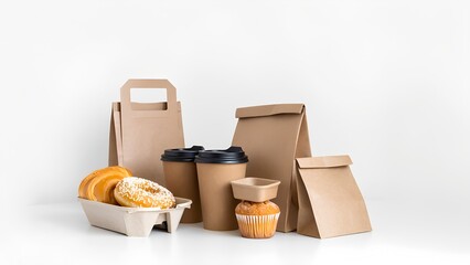 Bakery goods packaging display coffee shop product photography minimalist setting eye-level view sustainable concept