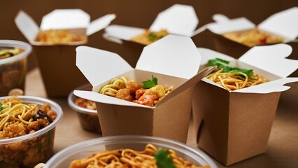 Savoring delicious takeout gourmet noodles in cardboard boxes urban setting food photography culinary delight close-up view
