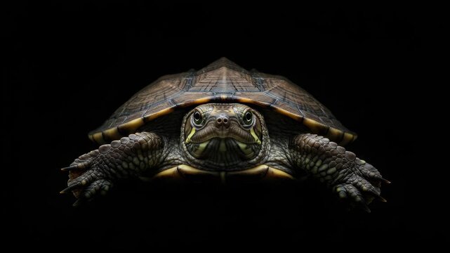 Ten turtles lined up in a row showcase their shells and distinct features against a dark