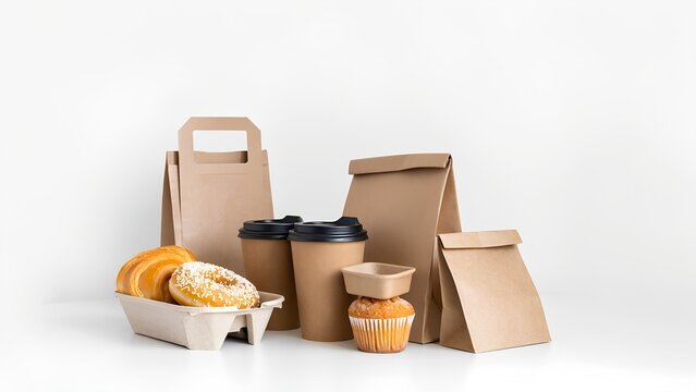 Bakery goods packaging display coffee shop product photography minimalist setting eye-level view sustainable concept