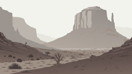 A sepia toned landscape featuring mesas and buttes under a hazy sky in a desert environment scene