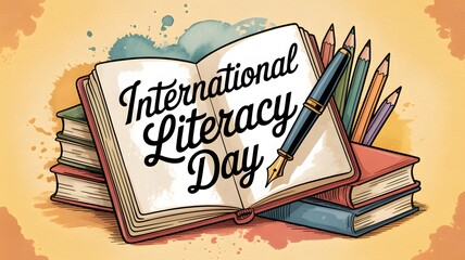 Open book with fountain pen and colored pencils celebrating International Literacy Day reading