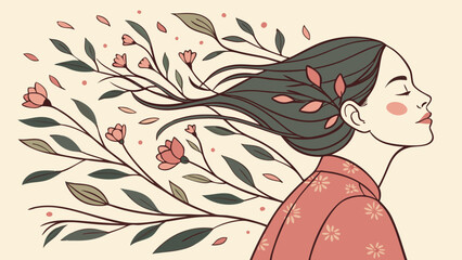 Illustration of a woman in profile with flowers and leaves flowing from her hair in a serene style