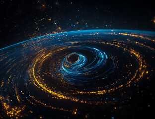 A black hole, with its blue and gold swirling design revolving around the Earth, is set against a backdrop of a starry night sky and cosmic space, showcasing a dynamic celestial phenomenon.