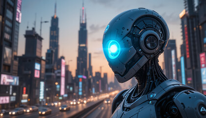 Close-Up of Futuristic AI Robot with Glowing Blue Eye in Cyber City at Dusk