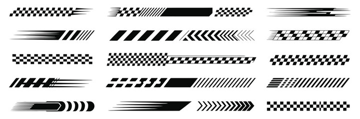 Racing car stripe vector set with angled checkered flag patterns, finish line graphics, motocross labels, dynamic speed lines, sport decals, and vehicle tuning stickers for motorsport themes

