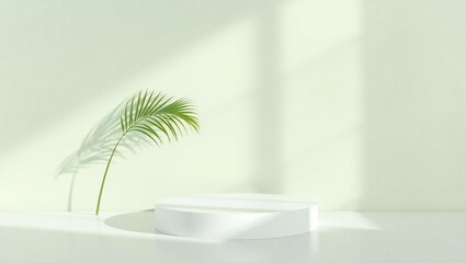 Minimalist white podium with palm leaf shadow and soft light