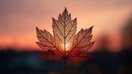 Delicate leaf skeleton, intricate veins backlit by warm sunset glow.