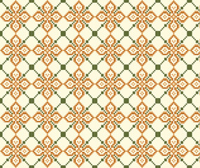 Fototapeta premium Charming seamless pixel art pattern featuring intricate floral and geometric motifs in warm orange, green, and cream tones. Perfect for textiles, crafts, wrapping paper, digital prints, and home decor