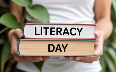 Person holding two books with text literacy day education