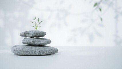Zen garden stones stacked with a delicate green sprout and soft leaf shadows