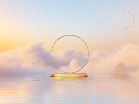 Golden ring on a pedestal amidst clouds and water under a crescent moon sky
