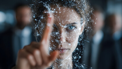 Woman uses AI tech to analyze employee data. Artificial intelligence connects with network points on face. Business team collaboration in office. Modern tech innovation concept. High tech workplace.
