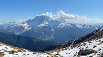 Mountains majestically rise beneath a clear sky nature landscape photography outdoor adventure panoramic view serenity