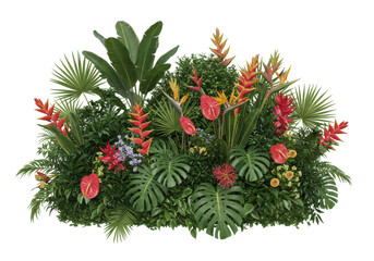 Vibrant tropical plant arrangement showcasing lush foliage and colorful flowers