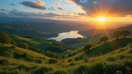 Breathtaking sunset over tranquil lake serene valley nature photography peaceful landscape wide angle scenic beauty