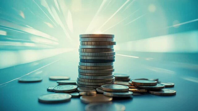 Stack of coins with scattered currency blue surface glowing bright light beams symbolizing money savings finance and wealth growth