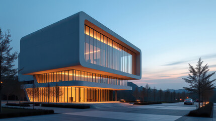 Captivating sunset illumination of a modern architectural marvel in an urban setting showcasing innovative design and aesthetic appeal