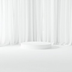 Fototapeta premium Minimalist white stage podium with soft drapes and subtle lighting