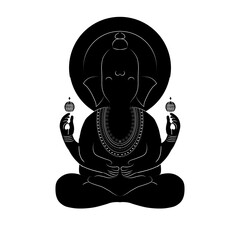 A vector cartoon illustration of a funny meditating Buddha head silhouette in a lotus yoga pose, an Asian symbol of inner peace