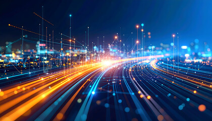 Futuristic city network with glowing data streams and interconnected nodes
