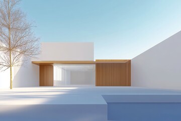 Modern minimalist building with wooden accents and a bare tree against a clear sky