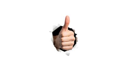Thumbs-Up Gesture ripped open white Torn Paper Hole Symbol of Success and Approval isolated on transparent background 