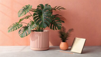 Obraz premium Two potted houseplants and a notebook on a table against a pink wall