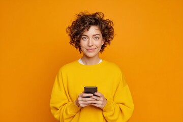Fototapeta premium Young Woman Wearing Yellow Sweater Smiling While Using Smartphone Against Bright Orange Background