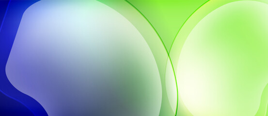 Abstract fluid shapes blend blues, greens, whites. Smooth gradients create soft, organic forms. Minimalist design evokes calm atmosphere.