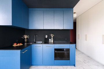 Modern electric oven in a stylish blue kitchen apartment interior