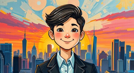 Thoughtful Young Man Gazing at Modern City Skyline – Urban Tranquility Concept.

